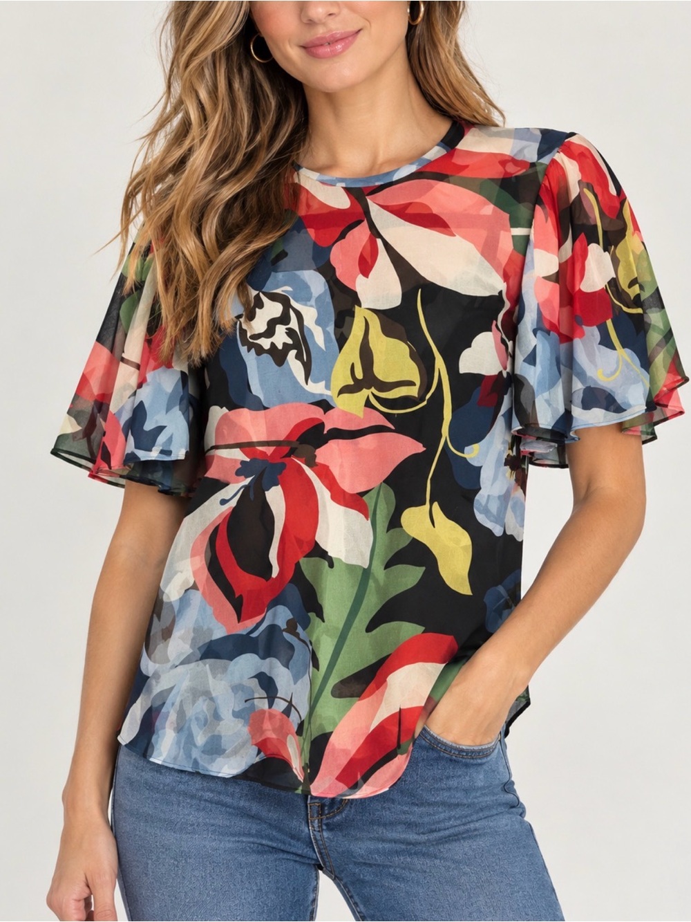 Rebecca Taylor Black Floral Flutter-Sleeve Silk Blouse with Red, Blue & Green